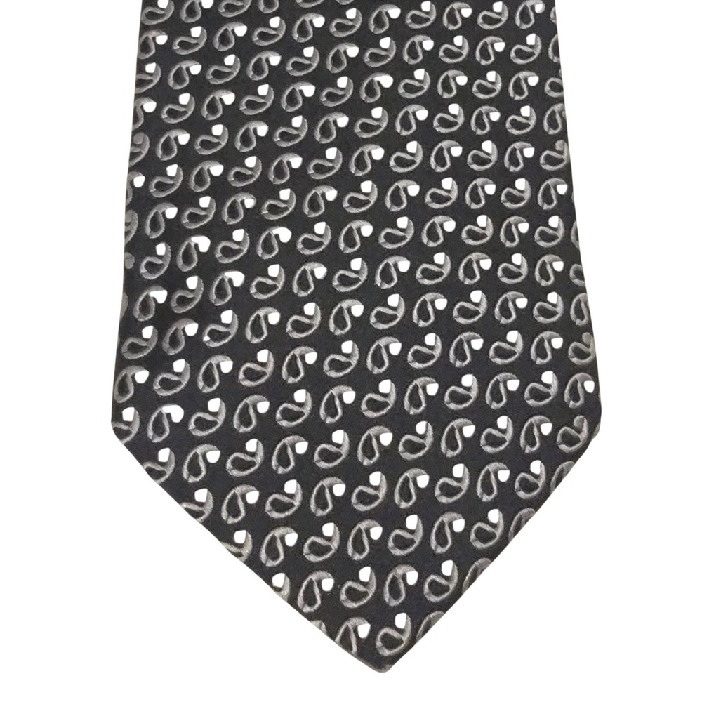 Tom James Mens Silk Tie Black Silver Grey Paisley Formal Business Necktie EUC